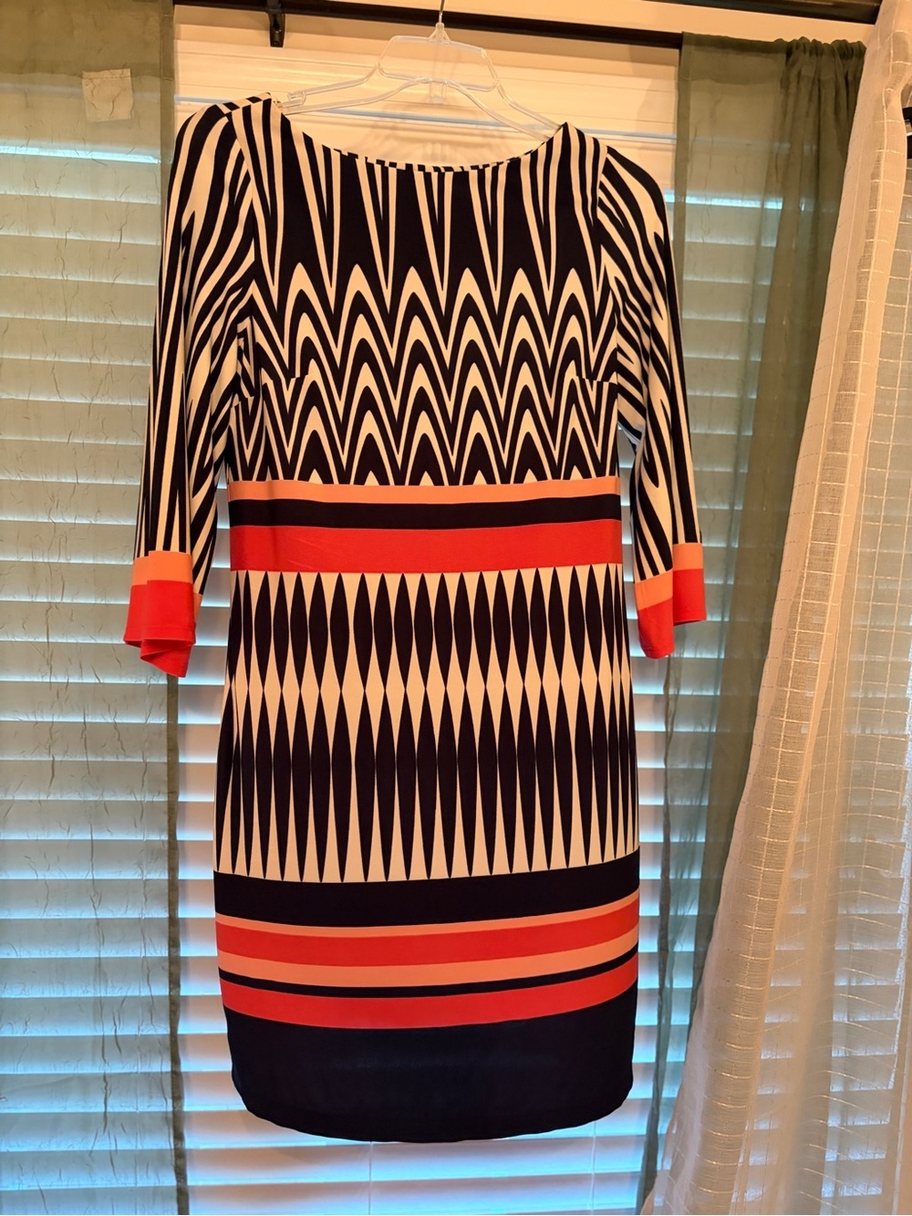 Black & White Geometric Long Sleeve Dress with Coral/Pink Stripes